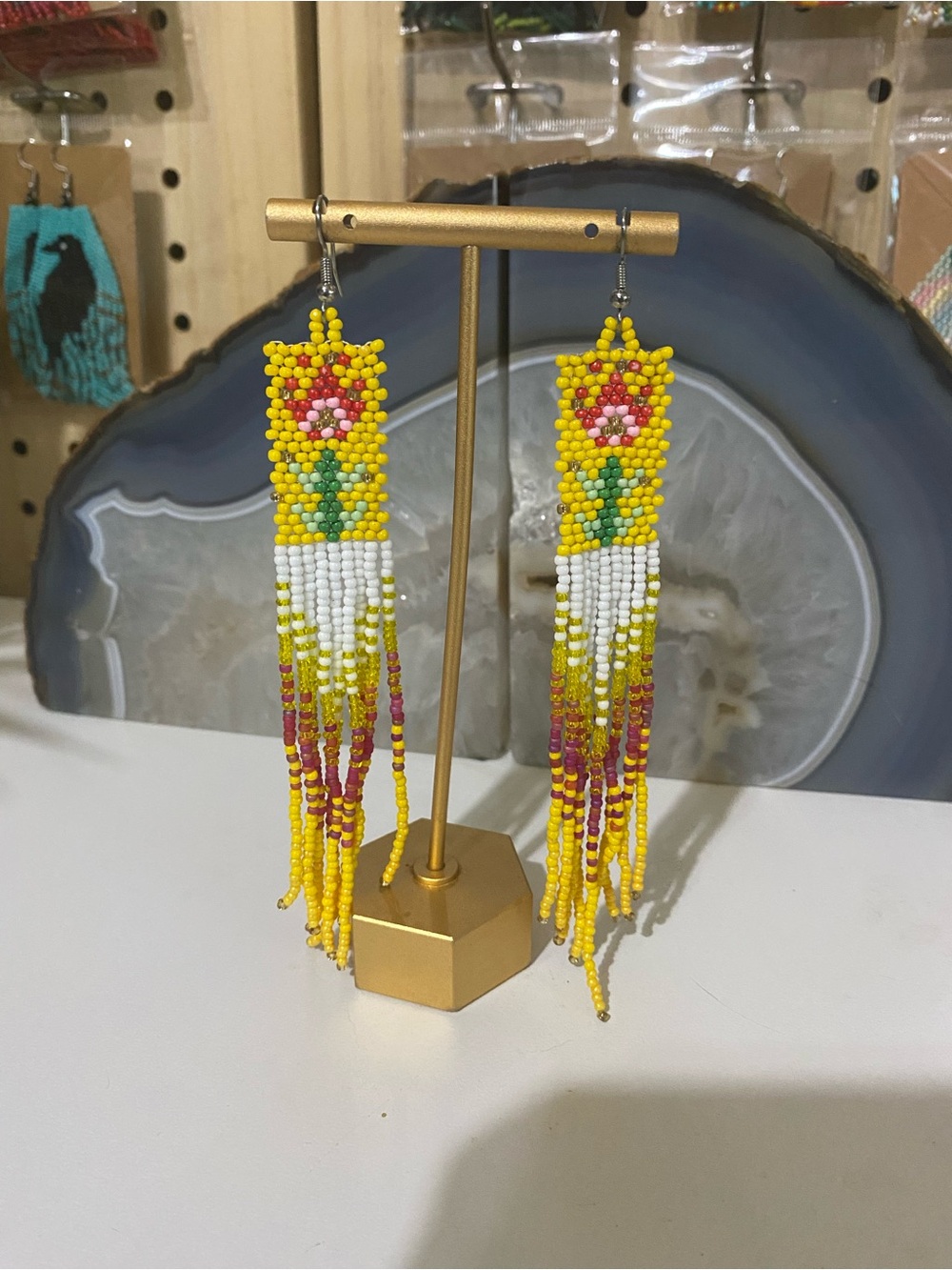 Yellow Floral Seed Bead Fringe Earrings